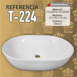 Lavamanos Tipo Vessel, ref. T-224 en porcelana sanitaria tamaño 48 x 35 x 13 cm color blanco de sobreponer, ovalado
