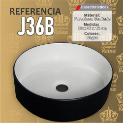 Lavamanos Refencia J36BB mecidas 36 x 36 x 12 cm en porcelana sanitaria color exterior Negro, interior blanco, redondo