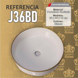 Lavamanos Refencia J36BB mecidas 36 x 36 x 12 cm en porcelana sanitaria color blanco, borde decorado dorado, redondo