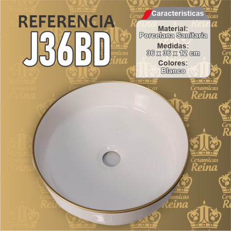 Lavamanos Refencia J36BB mecidas 36 x 36 x 12 cm en porcelana sanitaria color blanco, borde decorado dorado, redondo