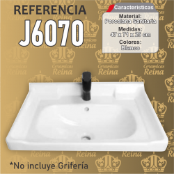 Lavamanos tipo placa Refencia J6070 medidas  47 x 71 x 25 cm en porcelana sanitaria Blanco, rectangular
