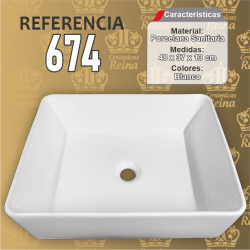 Lavamanos Refencia 674 medidas 48 x 37 x 14 cm en porcelana sanitaria Blanco, Rectangular para sobreponer tipo vessel