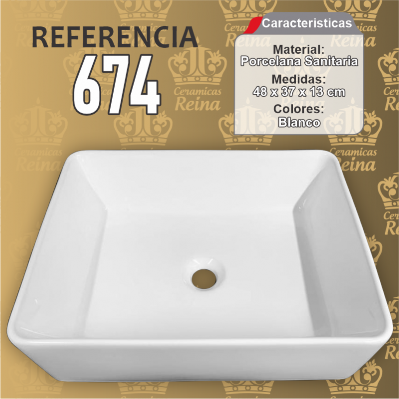 Lavamanos Refencia 674 medidas 48 x 37 x 14 cm en porcelana sanitaria Blanco, Rectangular para sobreponer tipo vessel Lavamanos Refencia 674 medidas 48 x 37 x 14 cm en porcelana sanitaria Blanco, Rectangular para sobreponer tipo vessel