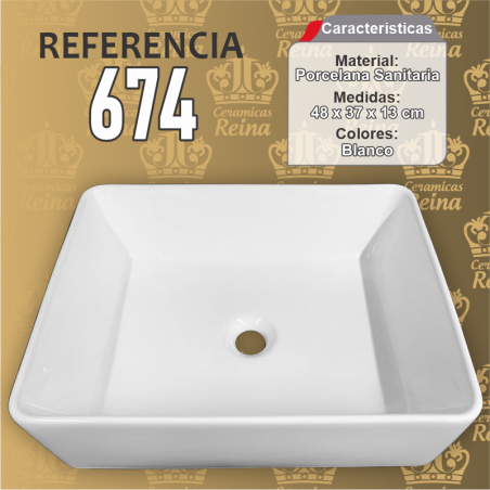 Lavamanos Refencia 674 medidas 48 x 37 x 14 cm en porcelana sanitaria Blanco, Rectangular para sobreponer tipo vessel