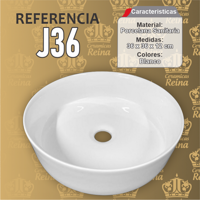 Lavamanos Refencia J36 medidas 36 x 36 x 12 cm en porcelana sanitaria Blanco, Redondo para sobreponer tipo vessel