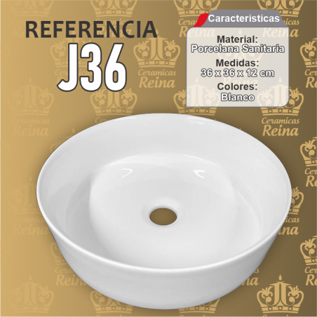Lavamanos Refencia J36 medidas 36 x 36 x 12 cm en porcelana sanitaria Blanco, Redondo para sobreponer tipo vessel