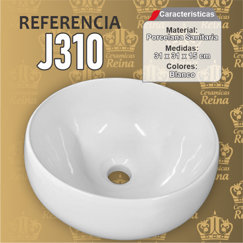 Lavamanos Refencia J310 medidas 31 x 31 x 15 cm en porcelana sanitaria Blanco, Redondo para sobreponer tipo vessel