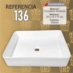 Lavamanos Refencia 136 medidas 50 x 40 x 11 cm en porcelana sanitaria Blanco, Rectangular para sobreponer tipo vessel