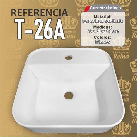 Lavamanos Refencia T-26A medidas 39 x 39 x 14 cm en porcelana sanitaria Blanco,cuadrado para sobreponer tipo vessel